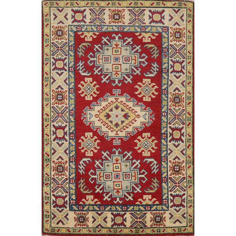 Kazak Accent Rug Hand-Knotted Geometric Red Wool Carpet - 2'7"x 4'0"
