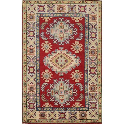 Kazak Accent Rug Hand-Knotted Geometric Red Wool Carpet - 2'7"x 4'0"
