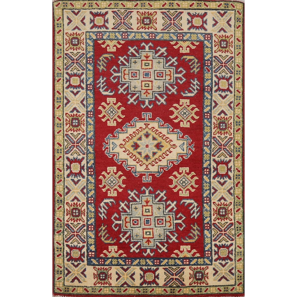 Kazak Accent Rug Hand-Knotted Geometric Red Wool Carpet - 2'7"x 4'0"