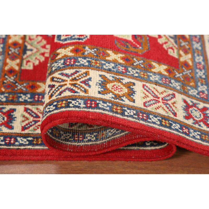 Geometric Red Kazak Oriental Accent Rug Bedroom Handmade Wool Carpet - 2'8" x 4'3"