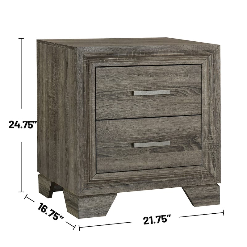 2 Drawers Wooden Nightstand with Metal Pulls in Brown Oak