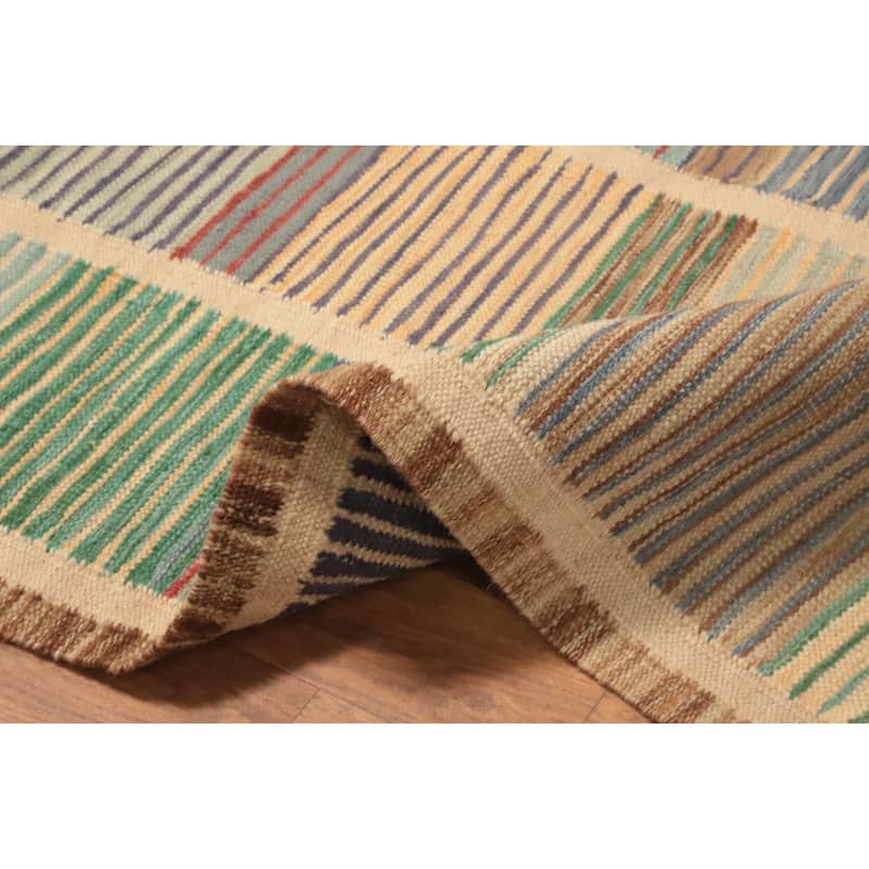 Hand Woven Oriental 100% Wool Carpet Southwestern Modern Multi-Colored Kilim Runner Rug - 12' 1'' X 2' 10''