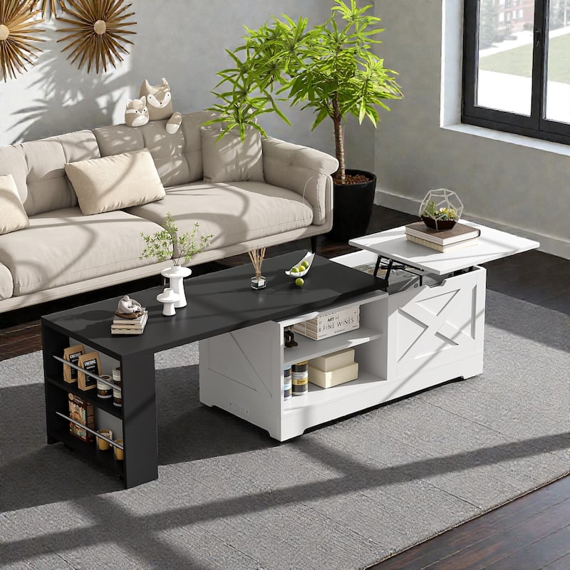 Farmhouse Lift Top Coffee Table with Barn Doors, Rotating Wood Center Table with Hidden Storage and Open Shelves