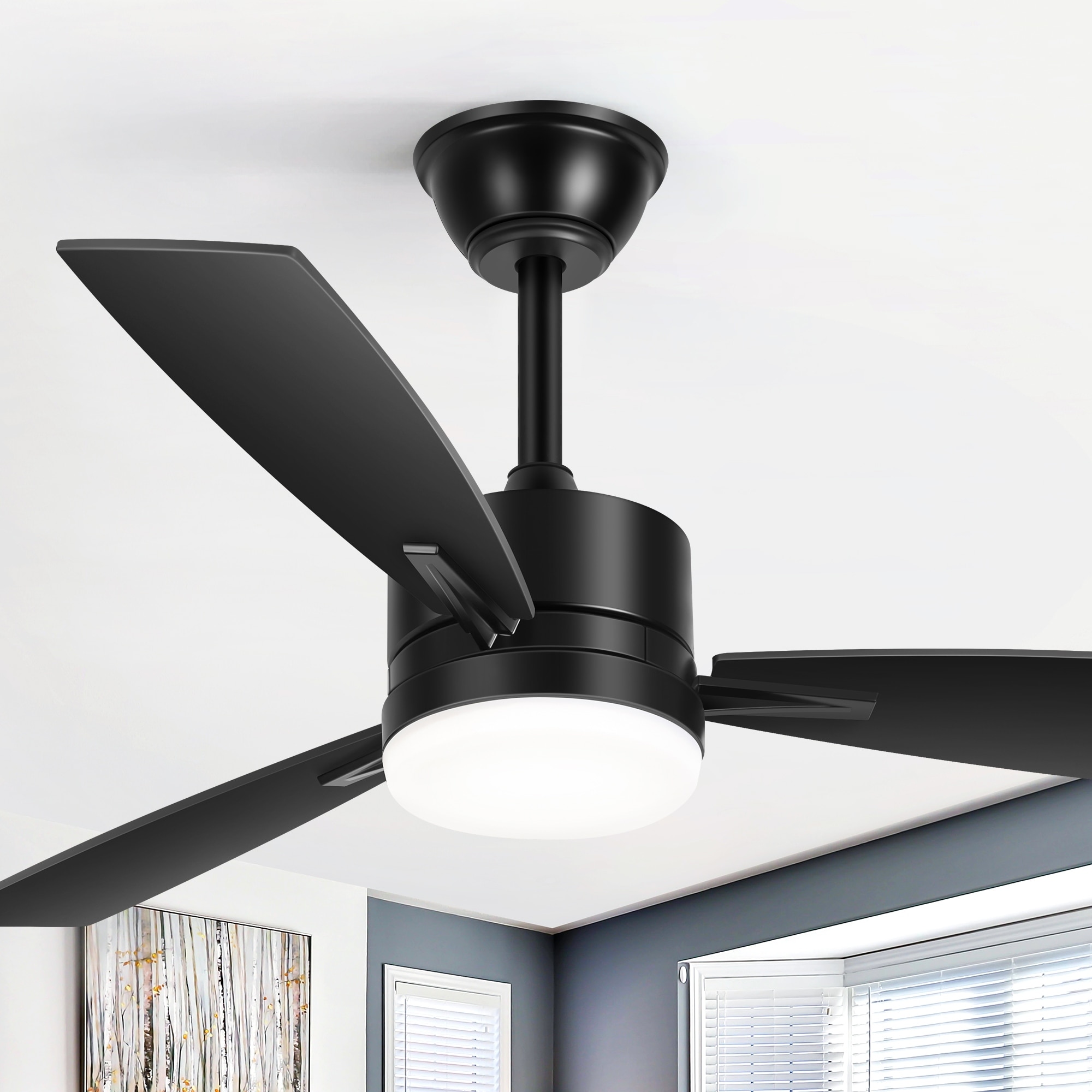 42-Inch Modern Indoor Ceiling Fan with Light, Remote Control, Reversible DC Motor, Walnut Grain/Black Blades, For Living Room