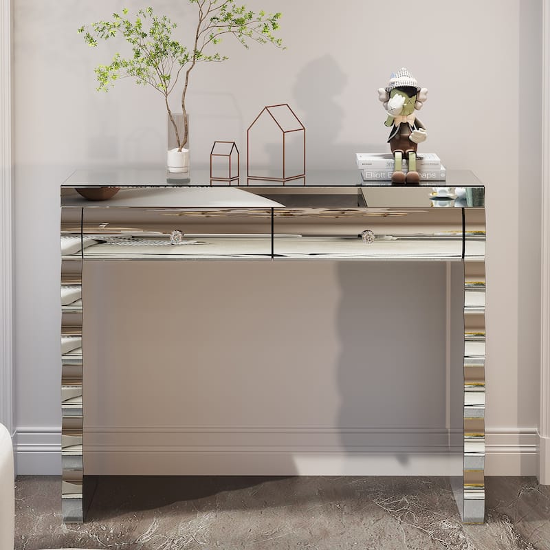 Mirror Decorated Console Table with Storage Drawers and Wave Pedestal - Silver