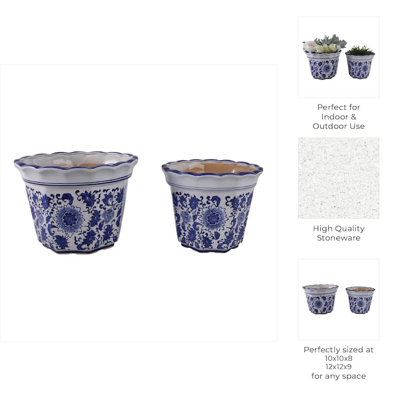 Stoneware Planters Scalloped Edge and Floral Relief Detail (Set of 2)