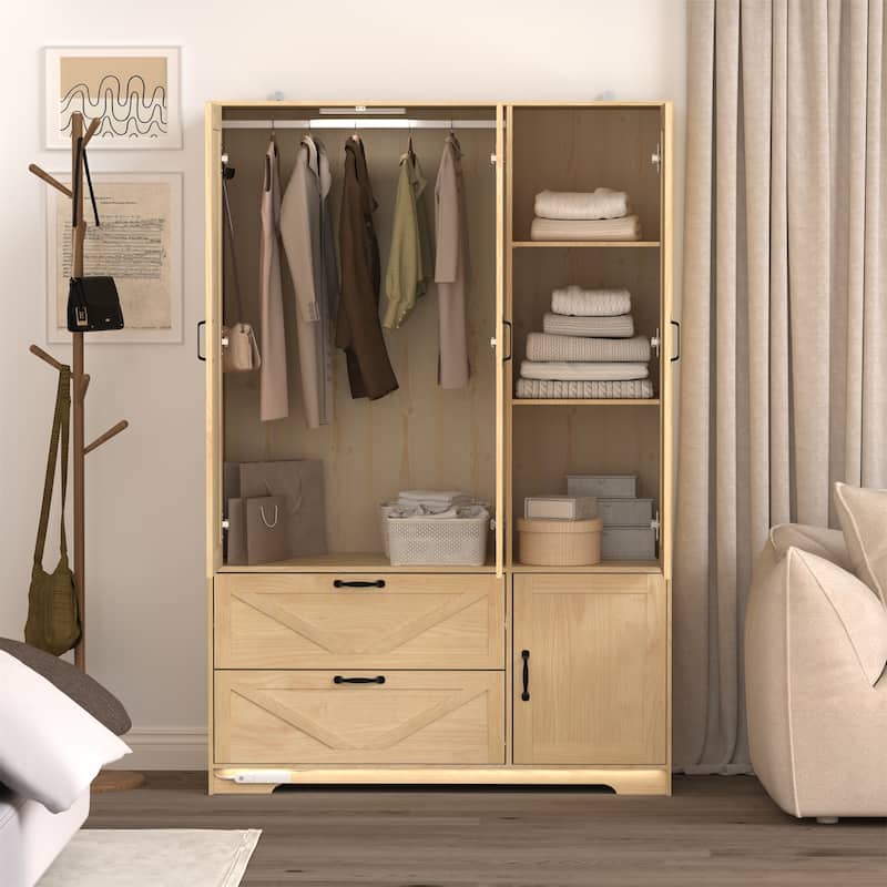 4-Door Wardrobe with LED Lights, Mirror, and 2 Drawers