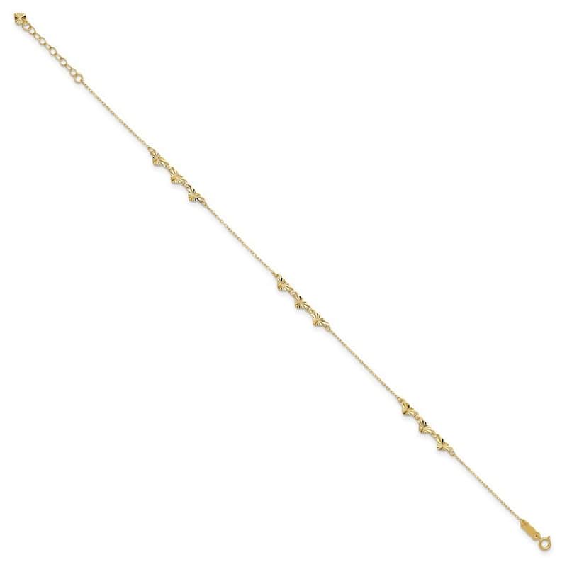 Curata 14k Yellow Gold 9+1" Diamond-cut Triple Heart Station Anklet (Spring-ring)