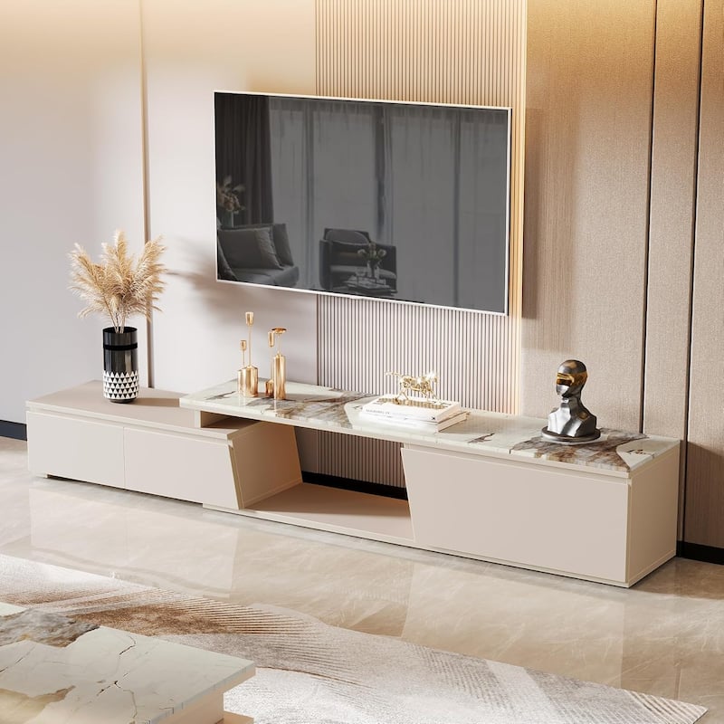 70.87 Inches White Wood TV Stand, Extendable Modern Entertainment Center with 3 Drawers for Living Room