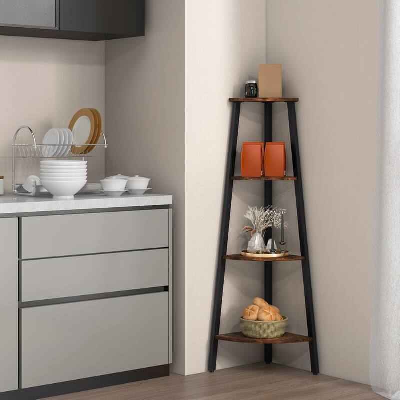 Compact 4-Tier Corner Shelf Storage Rack with Metal Frame for Home - 13.5" x 13.5" x 49" (L x W x H) - Brown