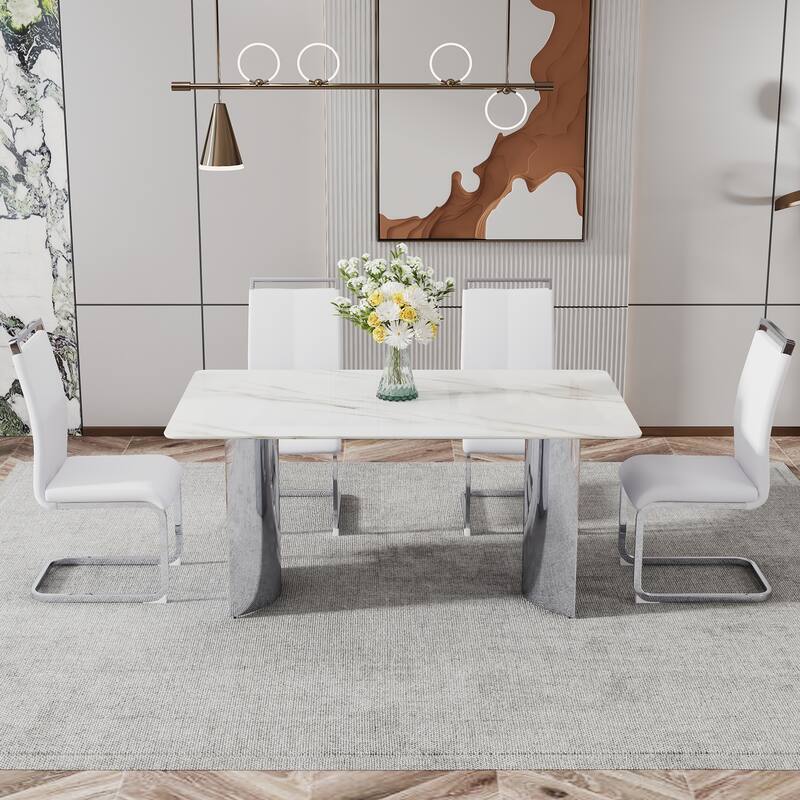 Modern Marble Glass Dining Set with Stainless Steel Legs & PU Chairs