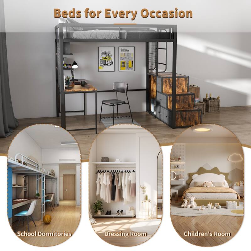 Full Loft Bed with Desk, USB Charging, Storage Drawers & Staircase - Space-Saving Black Design for Adults/Teens