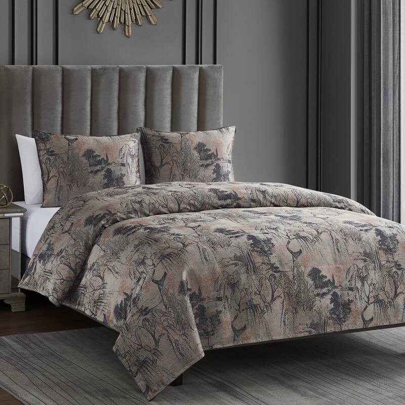 HiEnd Accents Pastoral Jacquard Modern Luxury Bedding Metallic Tree 3 Piece Comforter Set - Rose - Queen