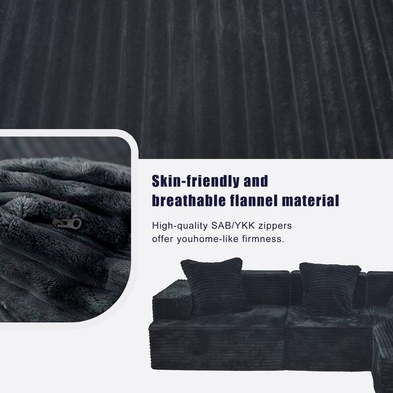 Compression Sectional Sofa with L Shape Chaise, Corduroy Deep Seat Boneless Couches, Modular 3 Seat Corner Sofa