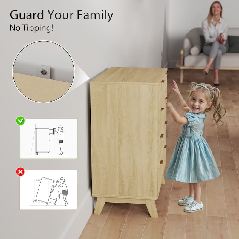HOMCOM Fluted Dresser for Bedroom with 4 Drawers, 28" Wide Chest of Drawers with Gold Finger Pulls and 4 Wood Legs, Natural Wood