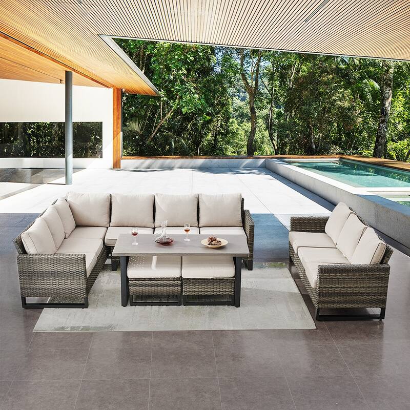 Gymojoy Patio Sectional Rattan Sofa with Ottoman - Grey - Beige