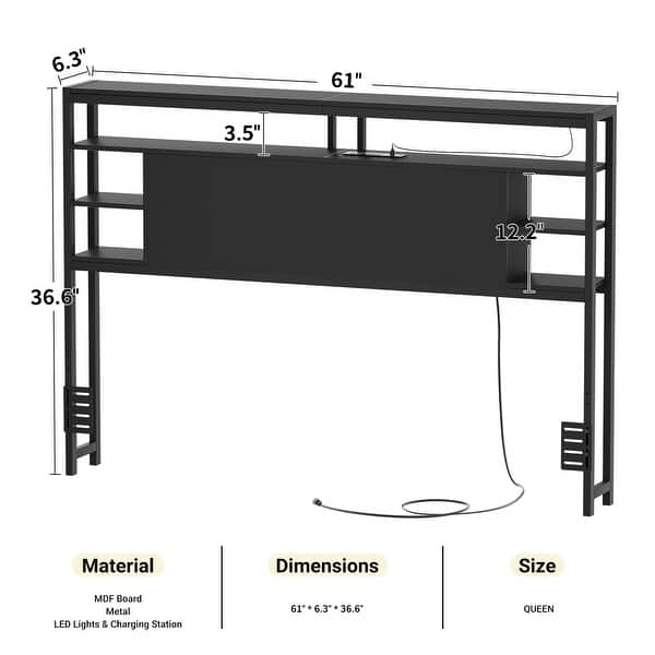 dimension image slide 2 of 11, Headboards with Storage Shelves, Head Board with Power Outlet and LED Light for Bed Frame