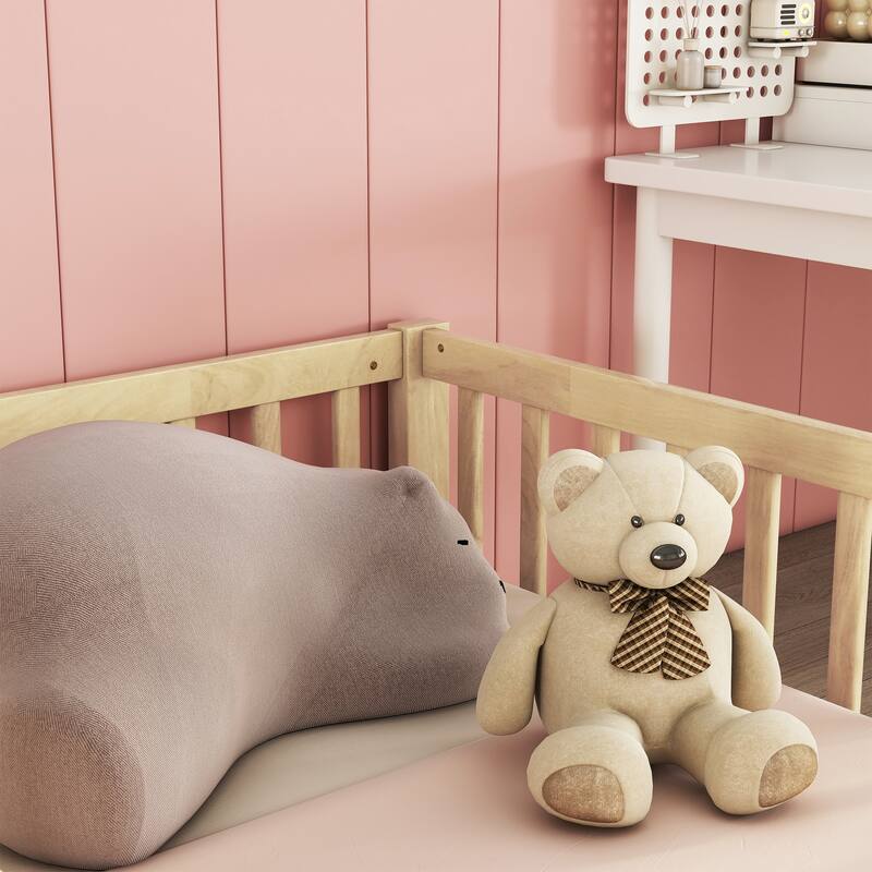 Double Twin Floor Bed with Fence and Guardrails, Natural Pine and Plywood, Assembly Required