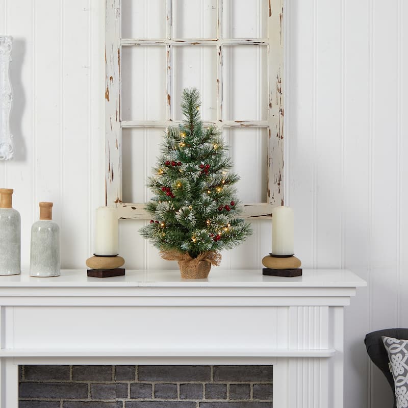 2ft. Snow Tipped Pine & Berry Artificial Christmas Tree with 35 Warm White LED Lights in Burlap Base - Rustic X-Mas Accent
