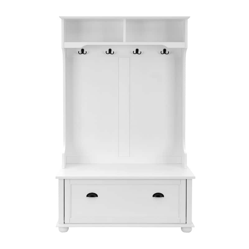 40" Hall Tree with Shoe Rack Bench and Coat Hooks, Entryway Bench with Open Shelves and Shoe Cabinets
