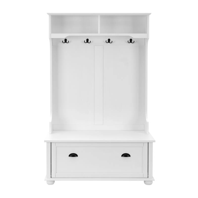 Minimalist Entryway Shoe Bench Hall Tree with Open Shelves and Cabinet, Hallway Coat Rack Leisure Bench with Hooks