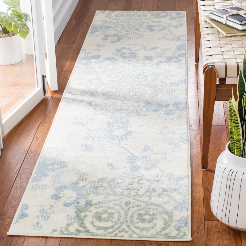 SAFAVIEH, Adirondack Rena Damask Floral Distressed Rug - 2'2" x 9' Runner - Ivory/Blue