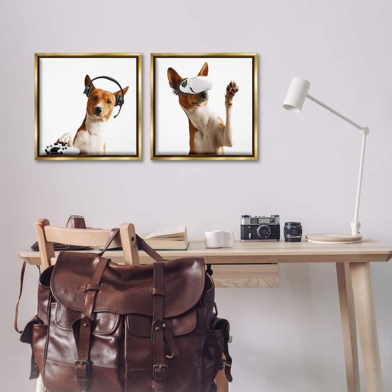 Stupell Video Game Dogs with VR Framed Floater Canvas Wall Art Design By CAD Design (Set of 2)