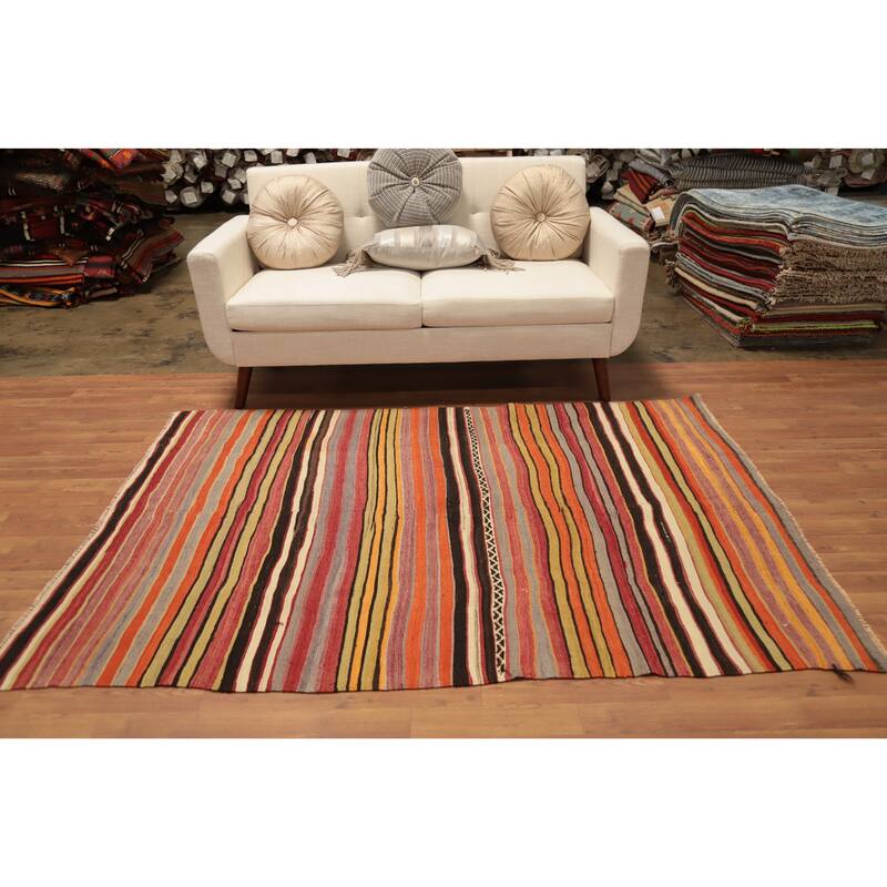 Hand Woven Oriental 100% Wool Carpet Southwestern Geometric Multi-Colored Kilim Area Rug - 6' 8'' X 4' 8''