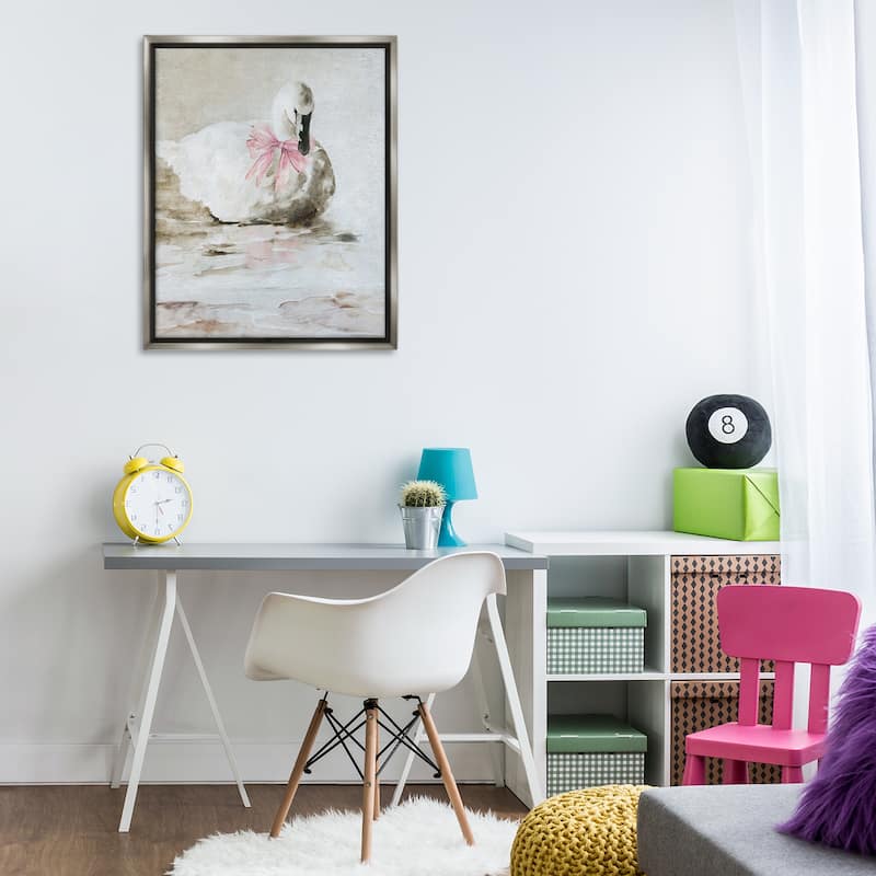 Stupell Charming Duck with Pink Bow Framed Floater Canvas Wall Art Design By Carol Robinson