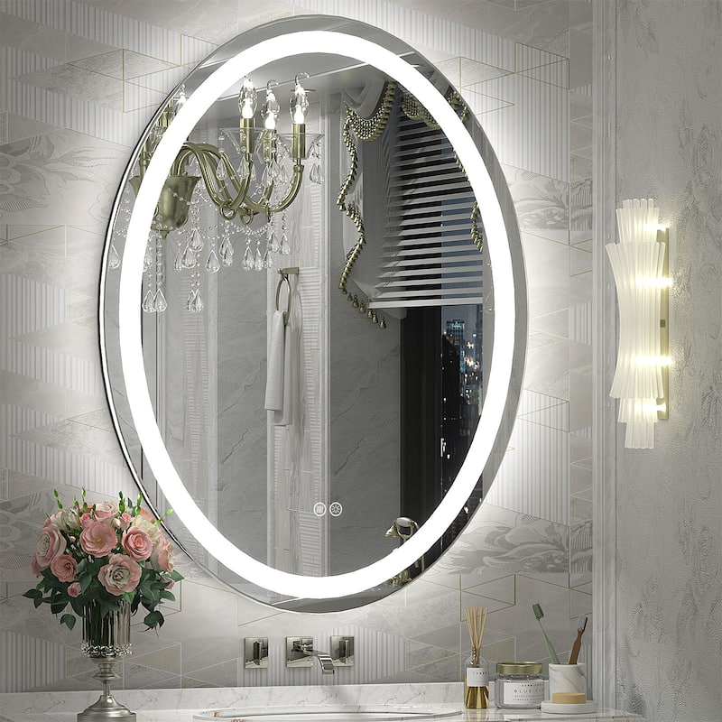 KIOTEE Super Bright Oval LED Lighted Anti-Fog Tempered Glass Bathroom Vanity Mirror with ETL and 3-Year Warranty - 36x28