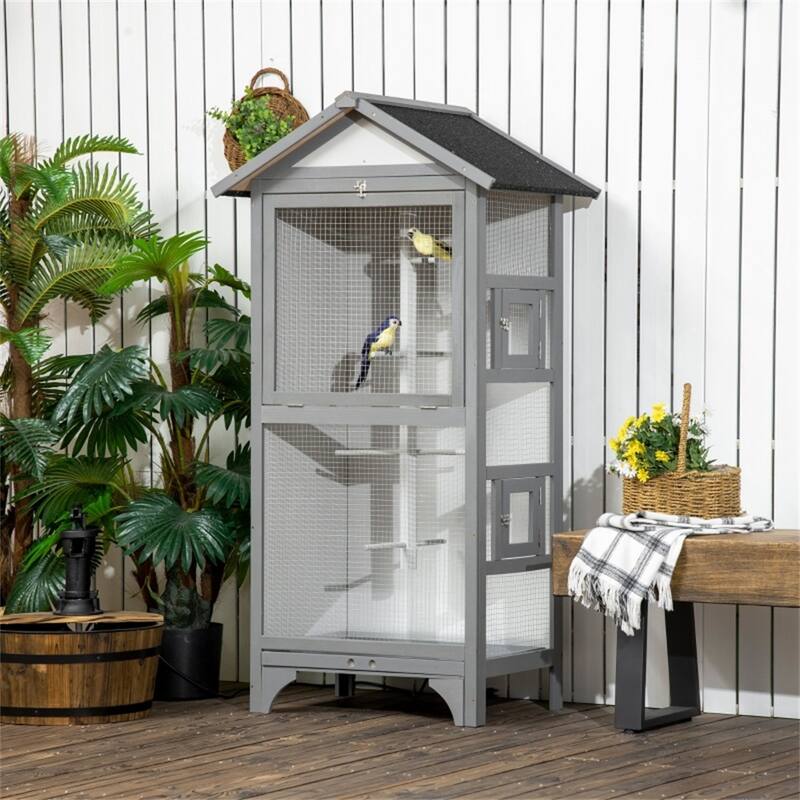 Outdoor Wooden Bird Aviary with Large Access Door Weather-Resistant Fir & Metal Wire, Removable Tray