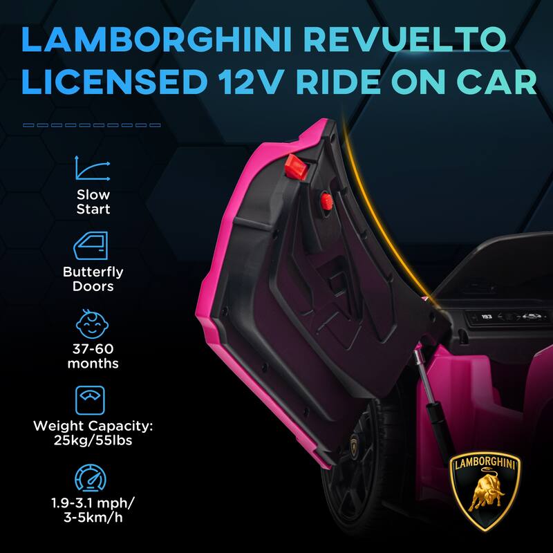 Lamborghini Revuelto Licensed Electric 12V Ride-On Car for Kids with Hydraulic Butterfly Doors, 3 Speeds, and Remote Control