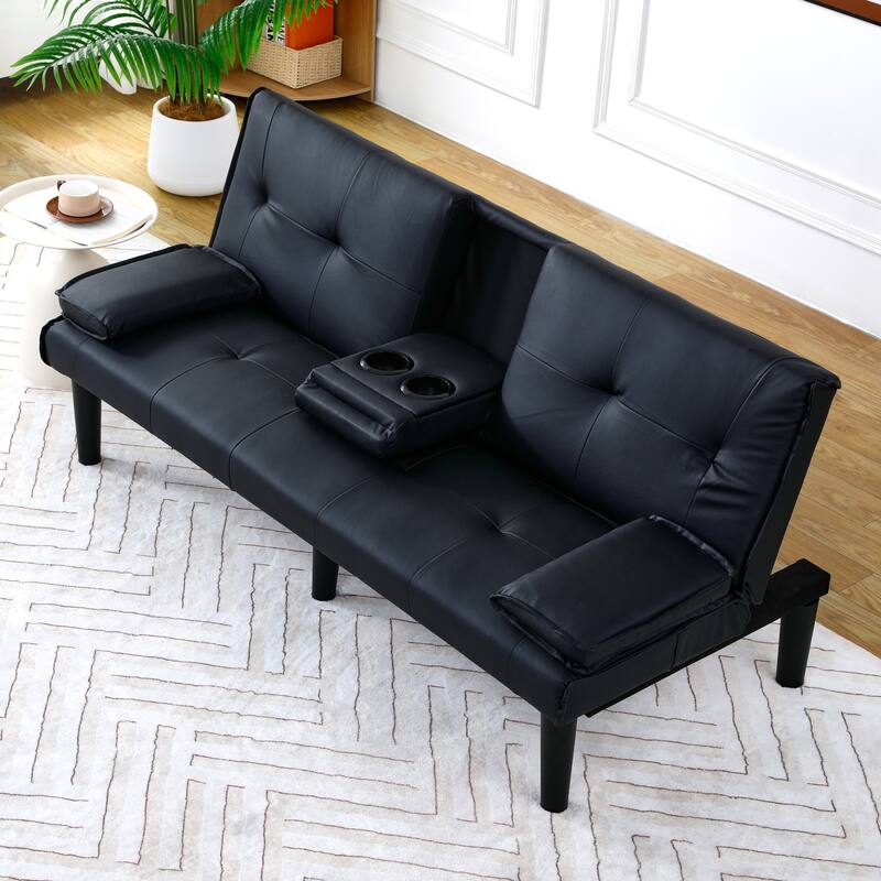 The 67-inch black PVC multi-functional sofa bed with a foldable and cup holder design - Black