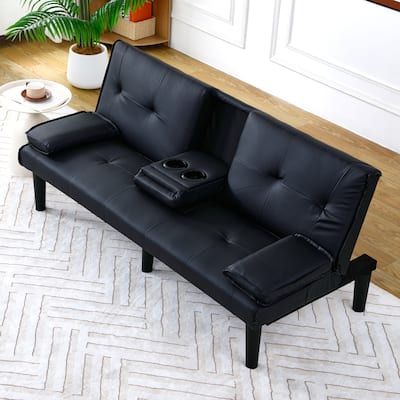 The 67-inch black PVC multi-functional sofa bed with a foldable and cup holder design