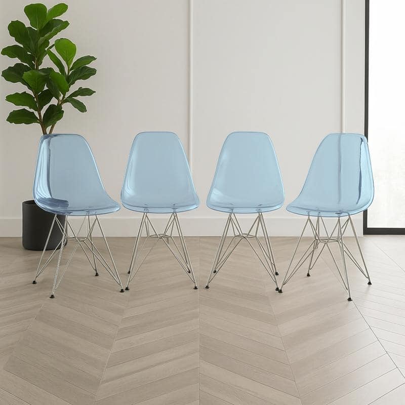 Cresco Collection Transparent Acrylic Chrome Eiffel Legs Set of 4 Modern Dining Chairs for Kitchen, Dining Room, and Home Office