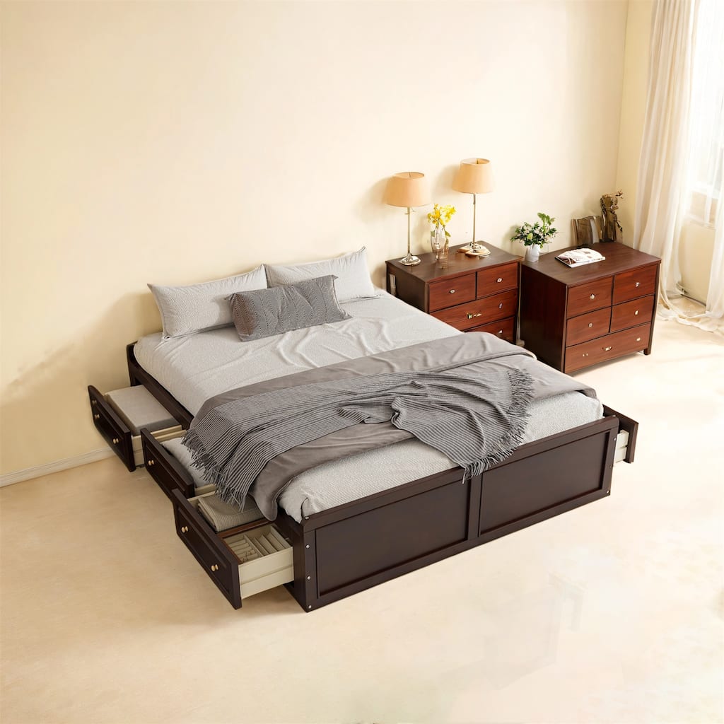Wood Queen Size Platform Bed Frame with 6 Drawers