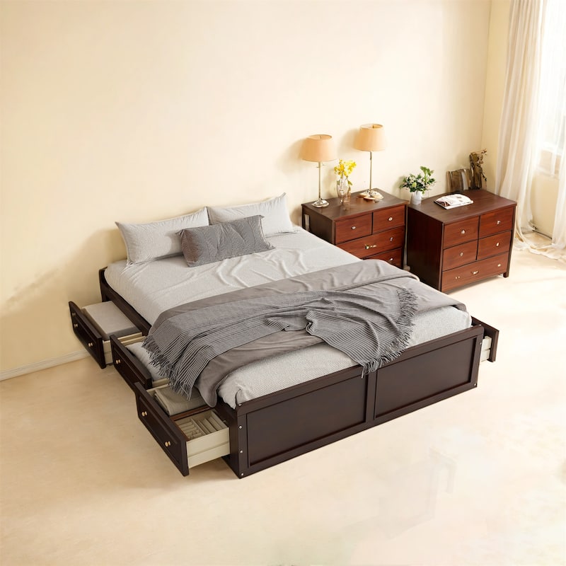 Wood Queen Size Platform Bed Frame with 6 Drawers - Espresso
