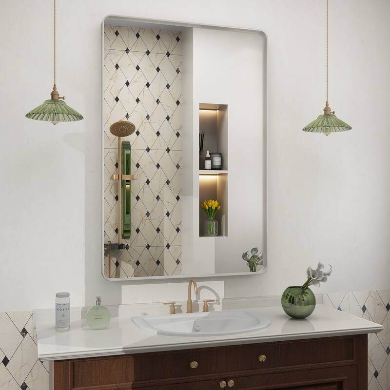 Modern Metal Frame Wall Mounted Bathroom Vanity Mirror - 36x24 - Silver