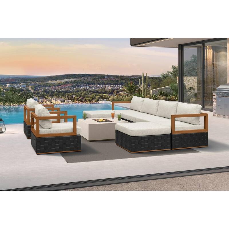 PURPLE LEAF GLFSF Black sofa with white seat Outdoor Couch for Yard Porch Deck Patio Conversation Sets - 6 seats+2 Ottomans - Enclosed