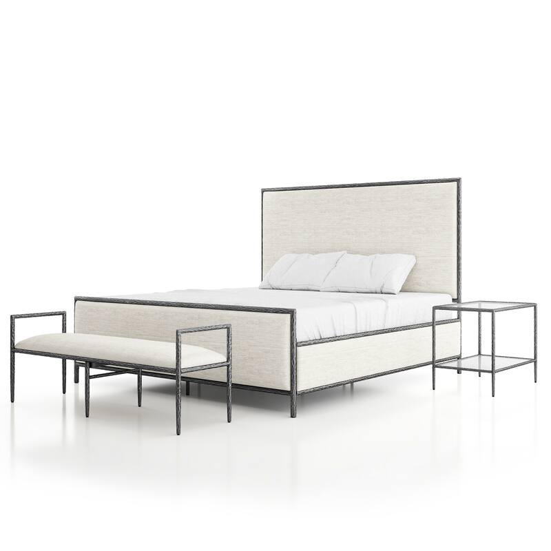 247 Shop At Home Lalia Modern 3-Piece Upholstered Hammered Metal Panel Bedroom Set with Nightstand and Bench - Matte Grey - King