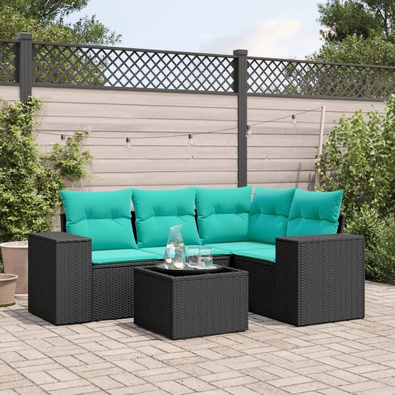vidaXL 4 Piece Patio Sofa Set with Cushions Grey Poly Rattan - 24.4" x 24.4" x 27.2" - Black and blue With table
