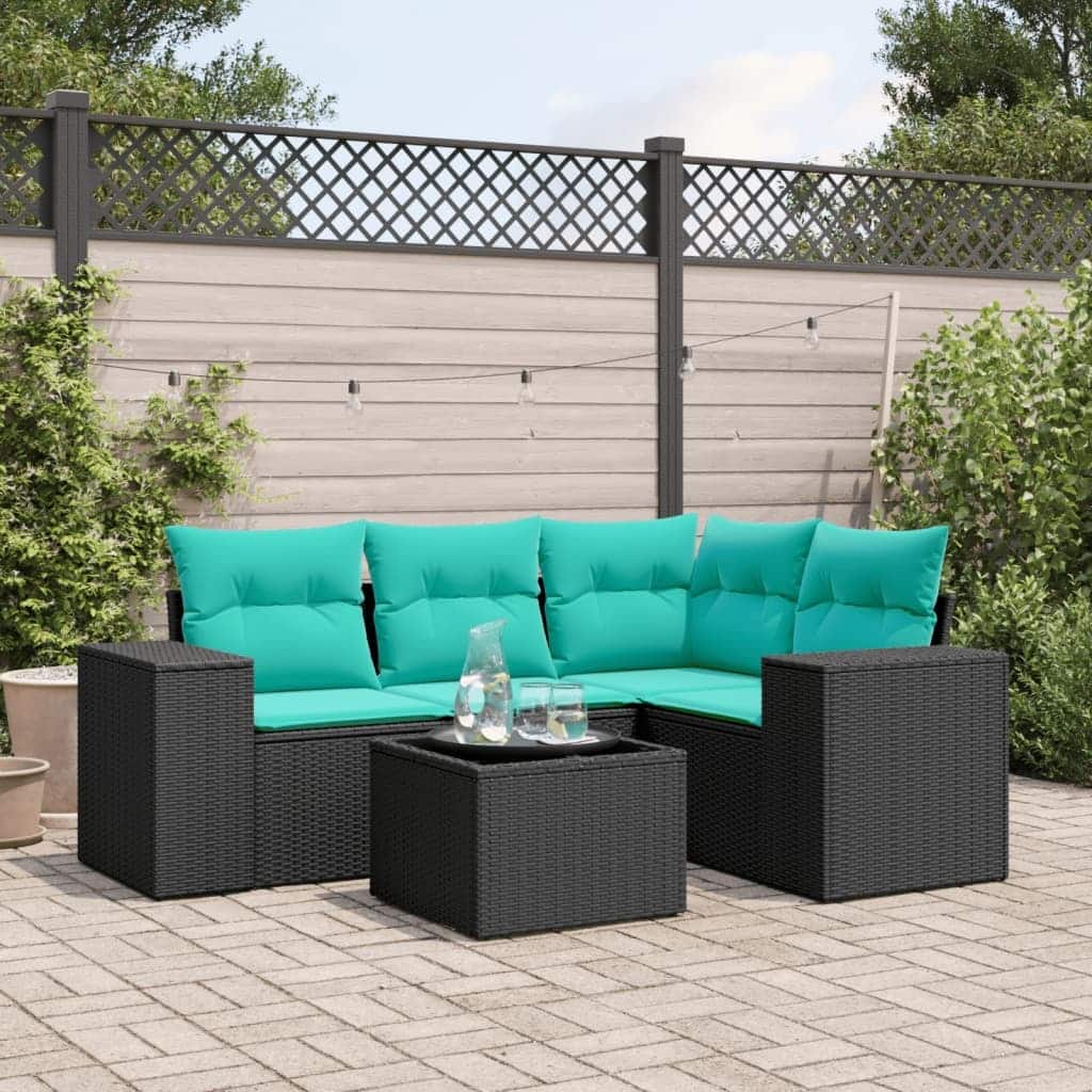 vidaXL 5 Piece Patio Sofa Set with Cushions Black Poly Rattan - 24.4 x 24.4 x 27.2