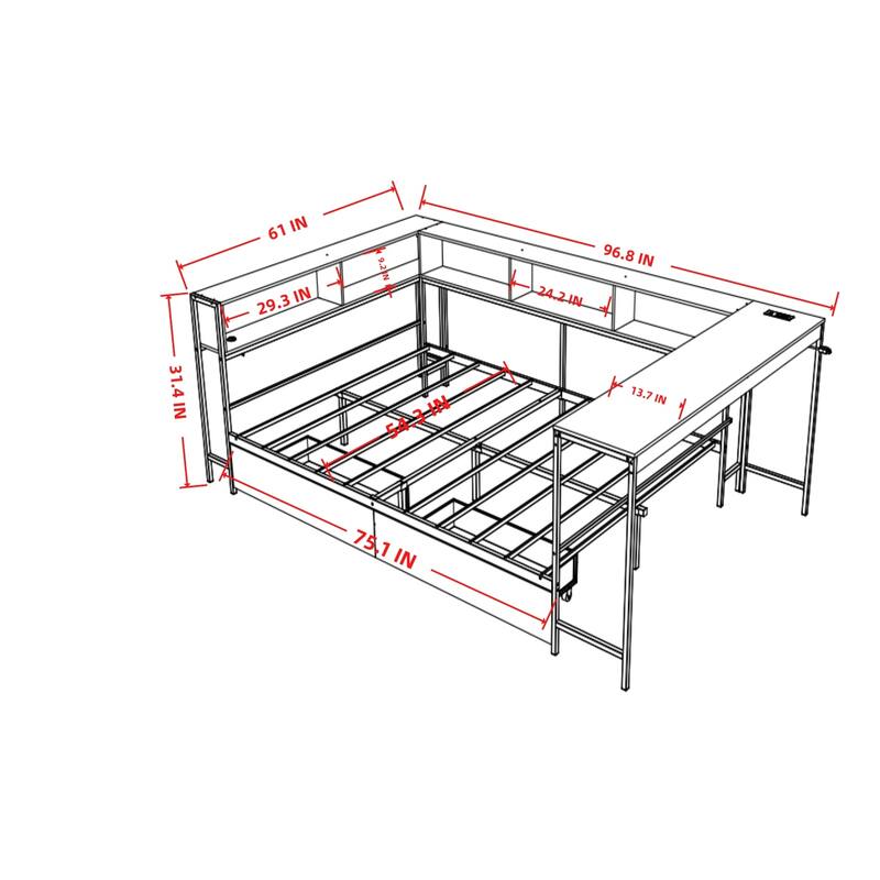 Corner Bed Frame Full Size with Bookcase and 2 Underbed Storage Drawers, Modern Full Bed with LED Light and Charging Station