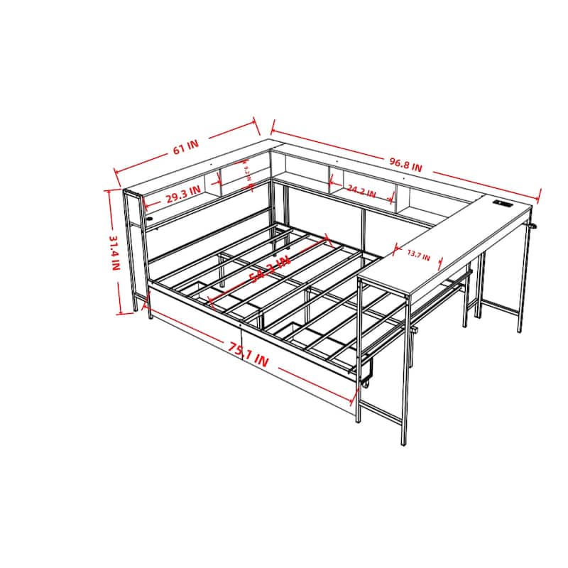 Full Size Corner Bed Frame with Bookcase, Storage Drawers, LED Lights, and Charging Station