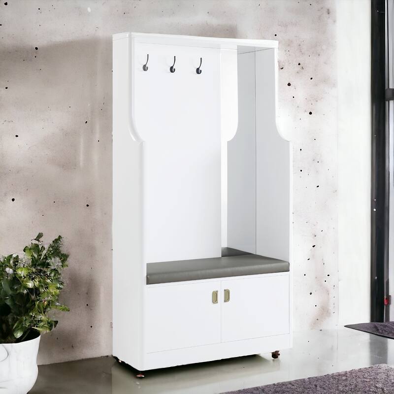 Contemporary White High Gloss Finish Hall Tree with 3 Hooks, Mirror, and Cushioned Seat - Entryway Organizer