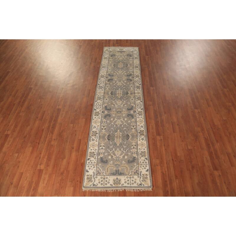 Earth Tone Oushak Indian Runner Rug Hand-Knotted Wool Carpet - 2'7" x 10'0"