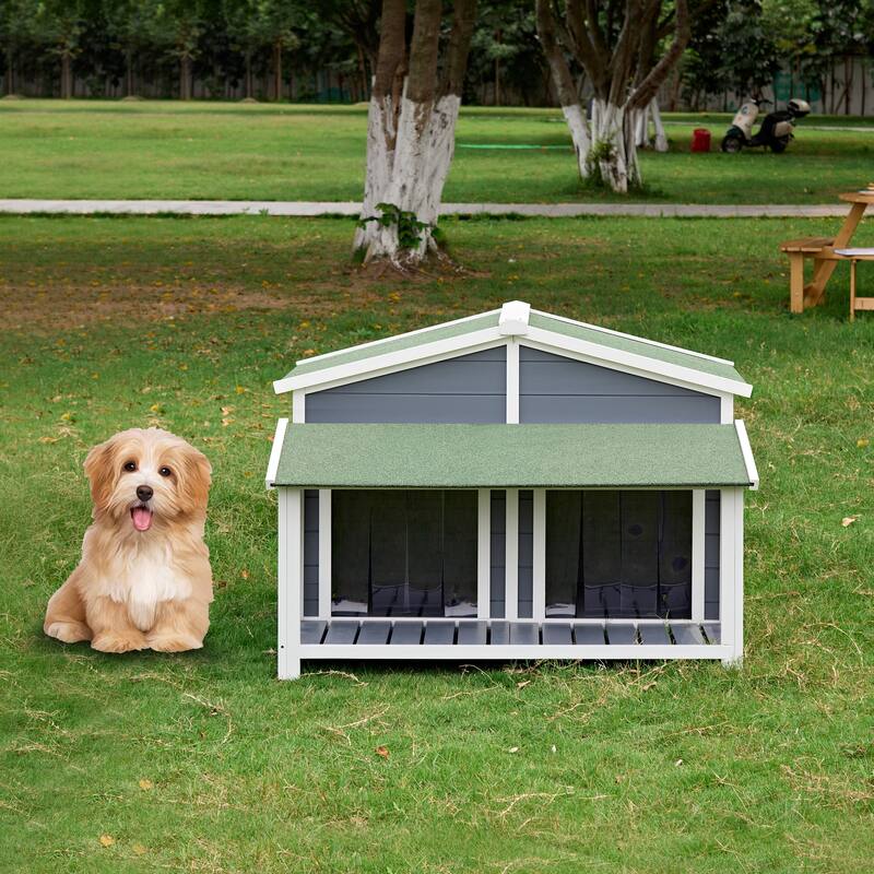 Dog House, Waterproof Dog Cage Kennel, Wooden Outdoor and Indoor Dog House, Log Cabin Style with Porch,Elevated Floor, 2 Doors - Blue
