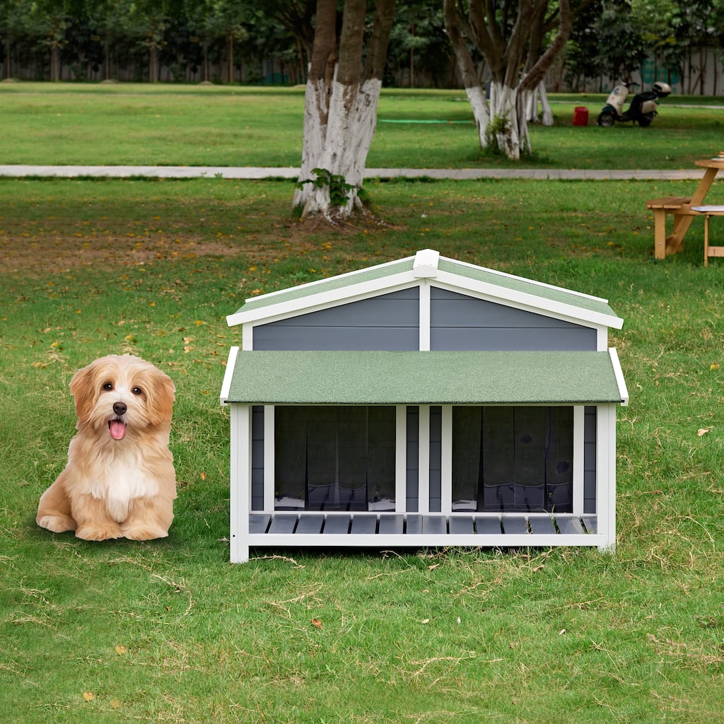 Dog House, Waterproof Dog Cage Kennel, Wooden Outdoor and Indoor Dog House, Log Cabin Style with Porch,Elevated Floor, 2 Doors