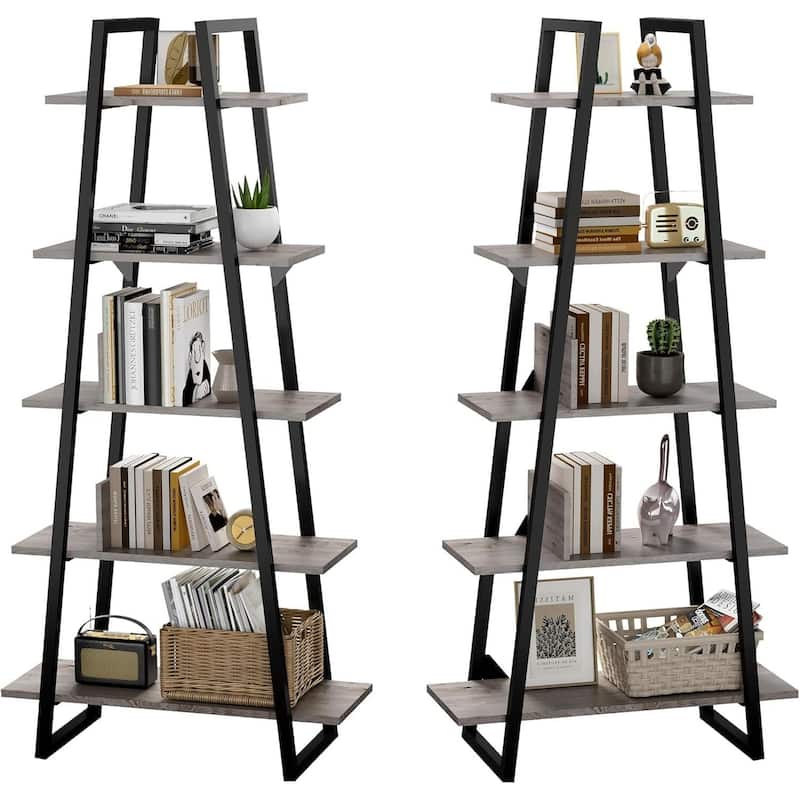 5-Tier Metal Ladder Bookshelf, Rustic Bookcase with Open Display Shelves