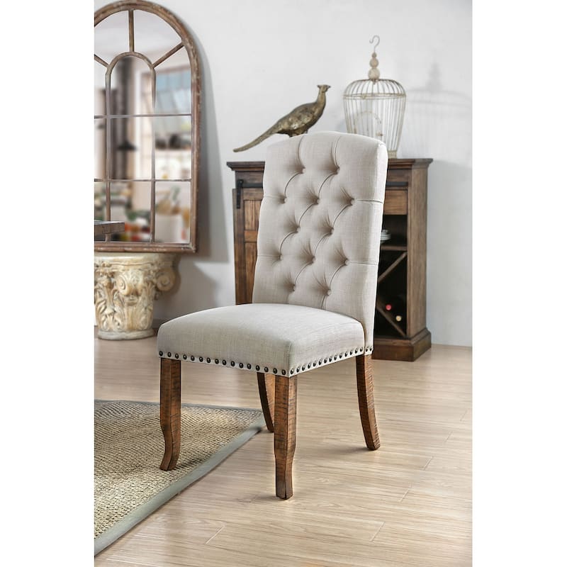 Button Tufted Fabric Upholstery Side Chair, Cream And Brown - 42.5 H x 20.75 W x 26.75 L Inches